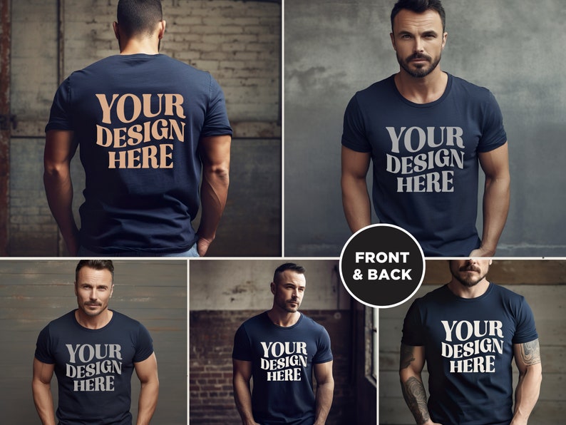 May include: A navy blue t-shirt mockup with the text "YOUR DESIGN HERE" printed on the front and back. The t-shirt is being modeled by a person with a beard.