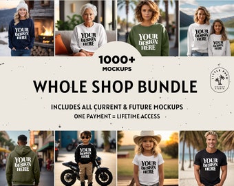 Puede incluir: Una colección de más de 1.000 maquetas para ropa y prendas de vestir. La imagen muestra una variedad de personas que visten diferentes estilos de sudaderas, camisetas y sudaderas con capucha. El texto "WHOLE SHOP BUNDLE" se muestra en letras grandes. El texto "INCLUDES ALL CURRENT & FUTURE MOCKUPS" y "ONE PAYMENT = LIFETIME ACCESS" también se muestra.