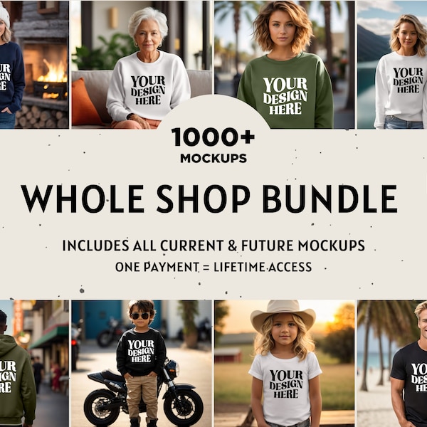 Komplettes Shop-Mockup-Bundle, Gesamtes Shop-Bundle, Vollzugriff-Shop-Pass, Bella Canvas 3001-Bundle, Gildan 64000, Gildan 18000 Mockup-Bundle-Verkauf