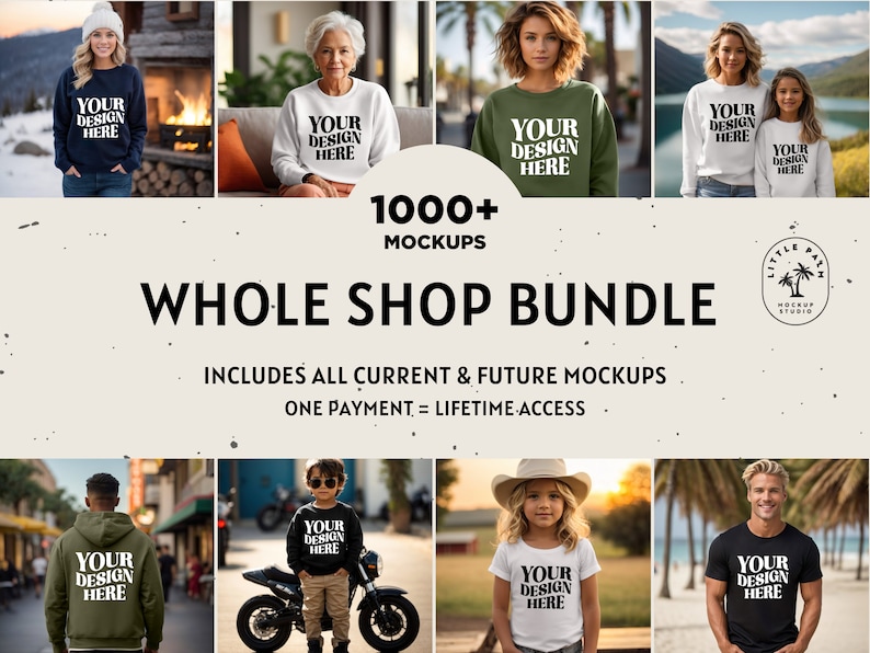 May include: A collection of 1,000+ mockups for clothing and apparel. The image shows a variety of people wearing different styles of sweatshirts, t-shirts, and hoodies. The text "WHOLE SHOP BUNDLE" is displayed in large letters. The text "INCLUDES ALL CURRENT & FUTURE MOCKUPS" and "ONE PAYMENT = LIFETIME ACCESS" is also displayed.