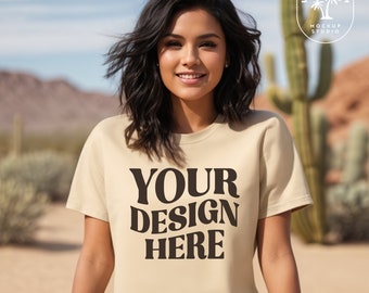 Sand Gildan 64000 Mockup | Gildan Sand Tshirt Mock up | Crewneck Shirt MockUp | G640 | Boho Casual Desert lifestyle Model Mockup | Aesthetic