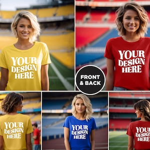 May include: A mockup of a t-shirt design with the text "YOUR DESIGN HERE" on a yellow, red, blue, and another red t-shirt. The shirts are being modeled by a person in front of a stadium backdrop.