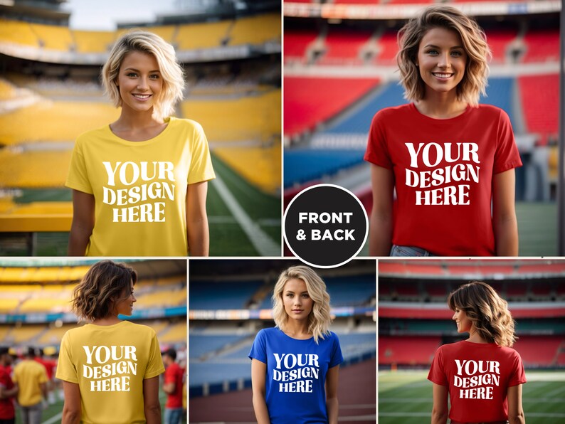 May include: A mockup of a t-shirt design with the text "YOUR DESIGN HERE" on a yellow, red, blue, and another red t-shirt. The shirts are being modeled by a person in front of a stadium backdrop.