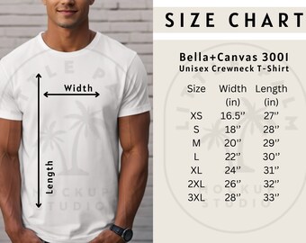 May include: Size chart for a Bella + Canvas 3001 unisex crewneck t-shirt. The chart shows the width and length in inches for sizes XS to 3XL.