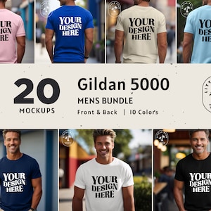 Gildan 5000 Mockup Bundle | Mens Gildan T-Shirt Mockup Front Back Mockup Basic Outdoor Mens Gildan 5000 Model Mockup Print on demand shirt