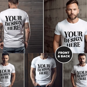 May include: A white t-shirt mockup with the text "YOUR DESIGN HERE" printed on the front and back. The shirt is being modeled by a person with a beard and short hair.
