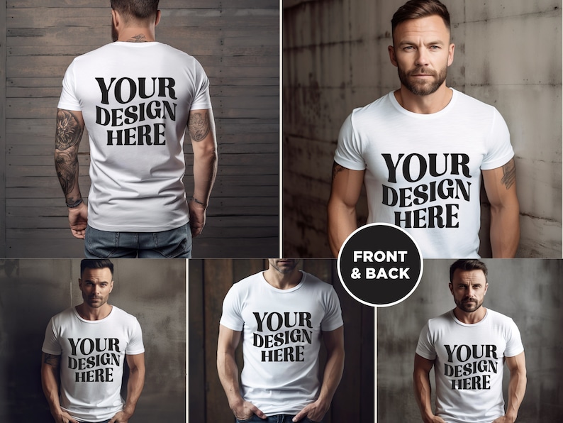 May include: A white t-shirt mockup with the text "YOUR DESIGN HERE" printed on the front and back. The shirt is being modeled by a person with a beard and short hair.