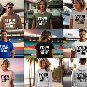 May include: A collage of nine images showcasing different t-shirts and a hoodie with the text "YOUR DESIGN HERE" printed on each. The images feature various models wearing the apparel in different settings, including a stadium, a beach, and a military base.