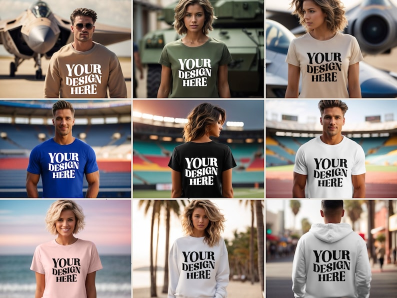 May include: A collage of nine images showcasing different t-shirts and a hoodie with the text "YOUR DESIGN HERE" printed on each. The images feature various models wearing the apparel in different settings, including a stadium, a beach, and a military base.