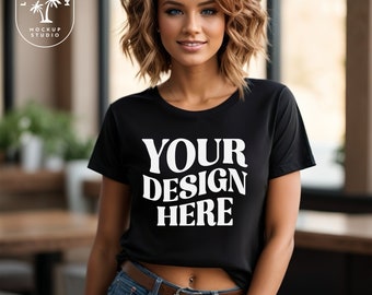 Black Gildan 64000 Mockup | Gildan Tshirt Mock up | Black Crewneck Shirt Mock | Gildan G640 model | Casual Neutral Indoor Boho Chic Mockup
