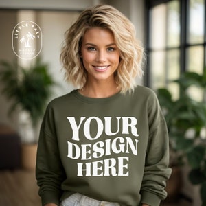 Military Green Gildan 18000 Mockup | Gildan Sweater Mock up | Crewneck Sweatshirt Mock | Gildan G180 | Heavy Blend Sweater | Casual Green