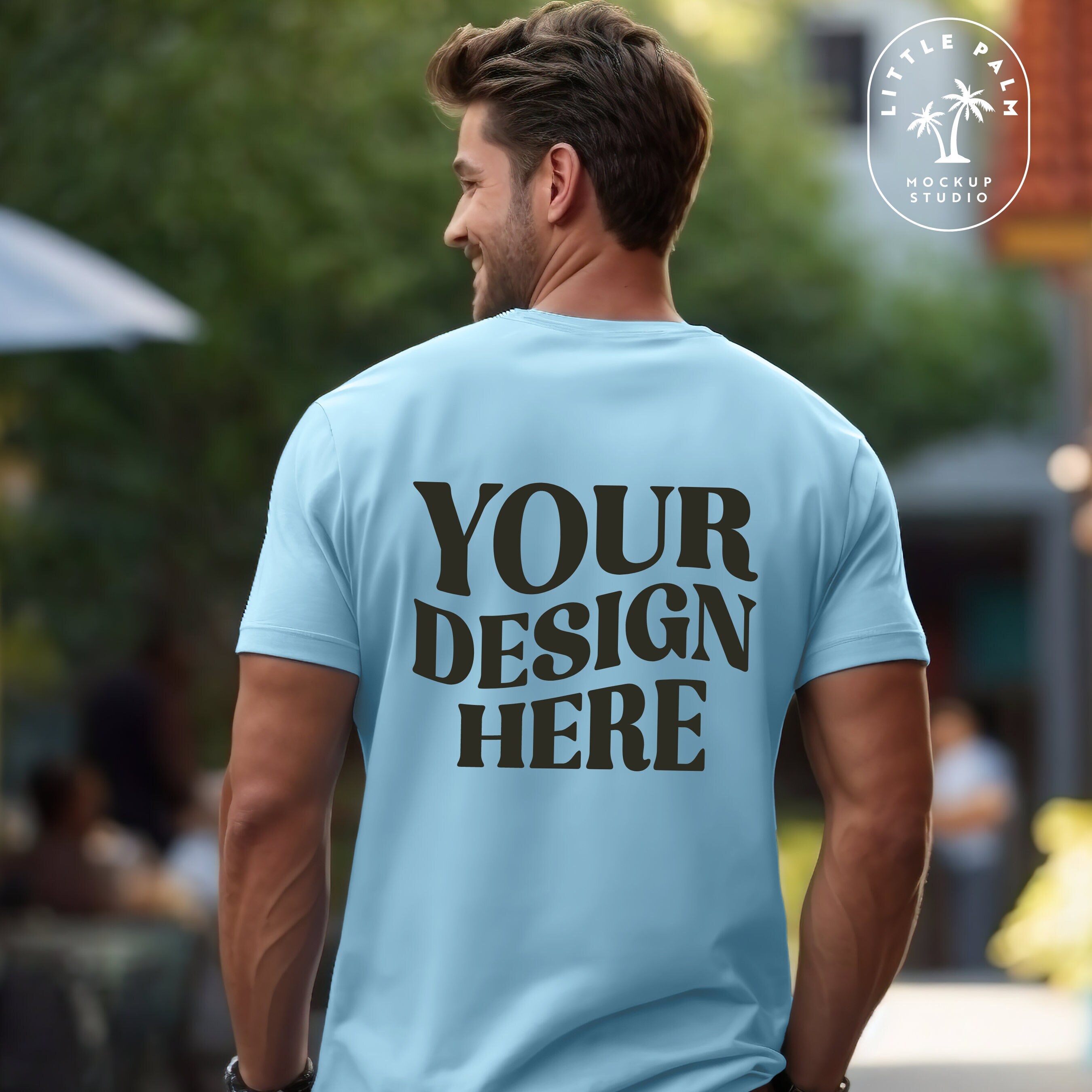 Light Blue Gildan 5000 Mens T-Shirt Mockup Gildan Shirt Mockup Casual Basic Male Mockup Cool Men High quality Mockup Outdoor mock Back view