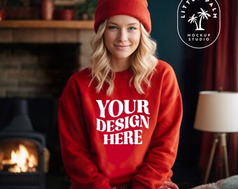 Red Gildan 18000 Mockup | Gildan Women Sweatshirt Mockup | Holiday Mockup | Christmas Mockup | Cozy Cabin | Winter Mockup | Red G180 Mockup