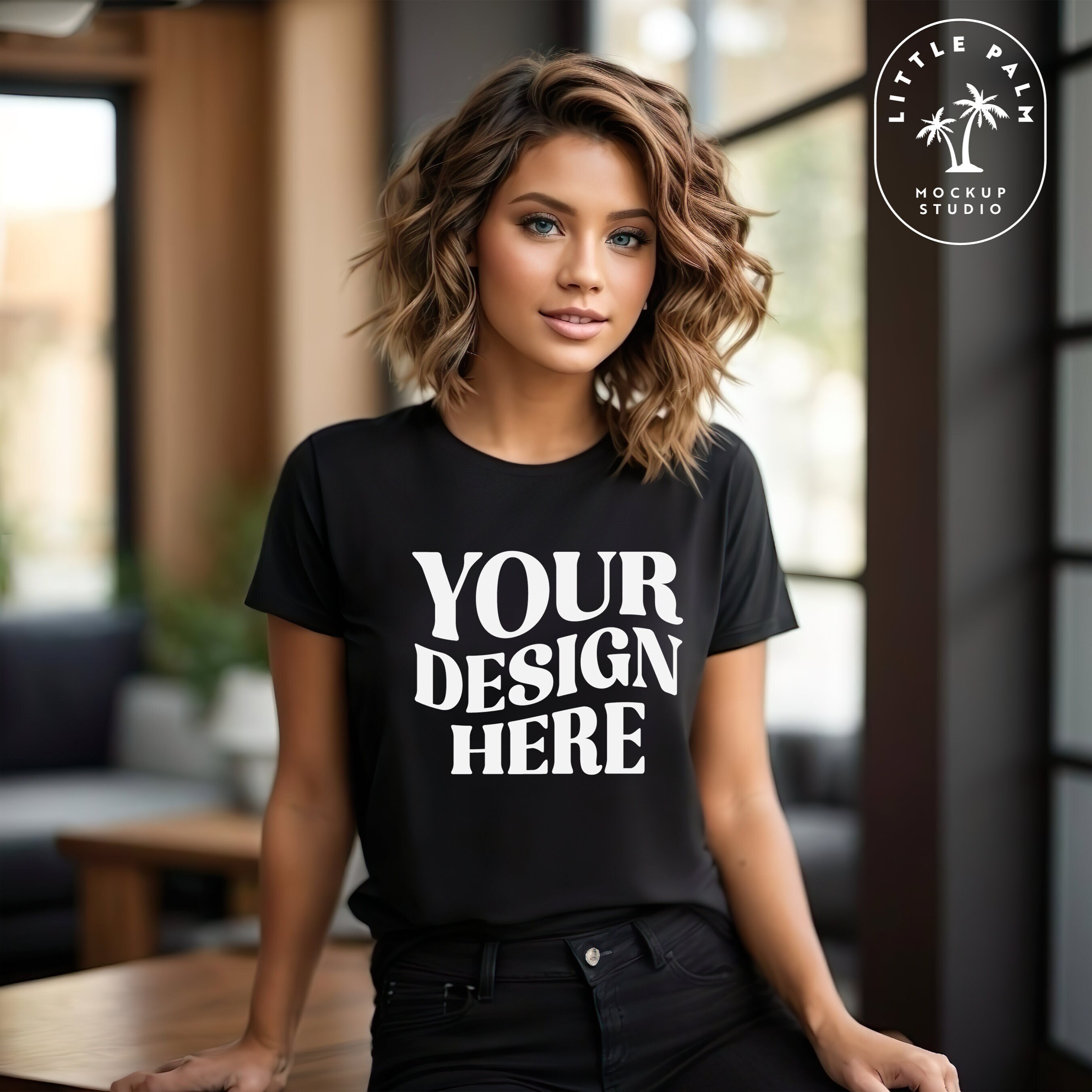 Black Gildan 64000 Mockup | Gildan Tshirt Mock up | Black Crewneck Shirt Mock | Gildan G640 model | Casual Neutral Indoor Boho Chic Mockup