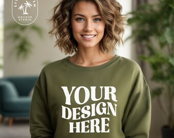 Military Green Gildan 18000 Mockup | Womens Gildan Sweater | Heavy Blend Sweatshirt Mockup | G180 Mock up | Casual Basic Indoor Aesthetic