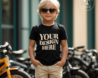 Kids Bella Canvas 3001T Black T-Shirt Mockup Kids Shirt Mockup Cool Boys TShirt Mockup Kids Bicycle Mockup Black 3001 Toddler Summer Mockup