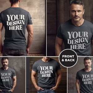 May include: A mockup of a dark gray t-shirt with the text "YOUR DESIGN HERE" printed on the front and back. The t-shirt is being modeled by a person.