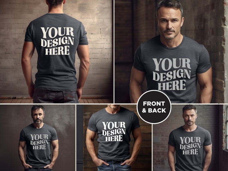 May include: A mockup of a dark gray t-shirt with the text "YOUR DESIGN HERE" printed on the front and back. The t-shirt is being modeled by a person.