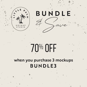 Pode incluir: Um gr&aacute;fico com um fundo desgastado apresentando um logotipo para Little Palm Mockup Studio. O texto "BUNDLE & Save 70% OFF" &eacute; exibido acima do texto "when you purchase 3 mockups BUNDLE3".