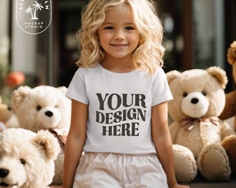 Kids Bella Canvas 3001T White T-Shirt Mockup Kids T-Shirt Mockup Girl TShirt Mockup Kids Outdoor Mockup Toddler Girl Summer Mockup Teddybear