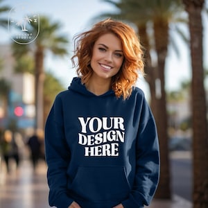 Navy Gildan 18500 Hoodie Mockup | G185 Hooded Sweatshirt Mock-up | Womens Sweatshirt Mockup | Outdoor Lifestyle Blue Gildan 18500 Mocks