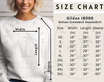 May include: Size chart for a Gildan 18000 unisex crewneck sweatshirt. The chart shows the width, length, and sleeve length in inches for sizes XS to 5XL.