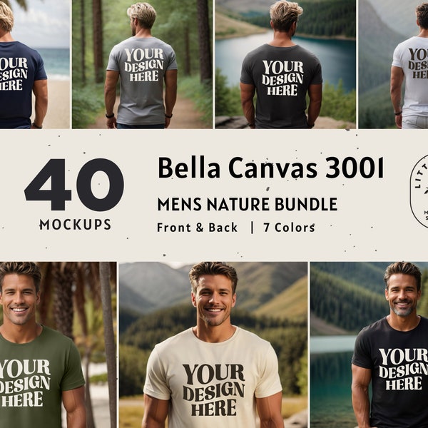 Bella Canvas 3001 Herren Tshirt Mockup Bundle | Rückansicht | Vorder- und Rückseite Mockups | Natur Mockups | Außenbereich | Male Mock ups | Natürliches Basic