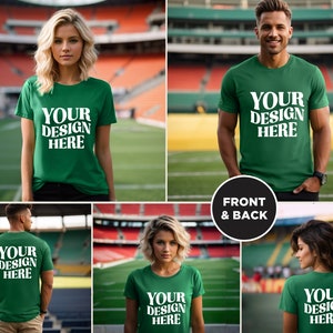May include: Four people wearing green t-shirts with the text "YOUR DESIGN HERE" printed on the front and back. The people are standing in a stadium setting.