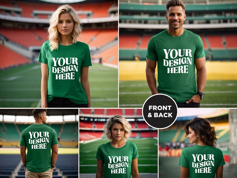 May include: Four people wearing green t-shirts with the text "YOUR DESIGN HERE" printed on the front and back. The people are standing in a stadium setting.
