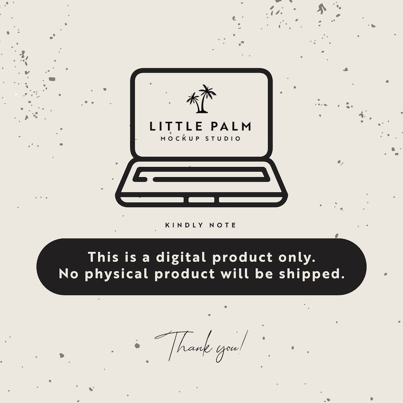 Pode incluir: Ilustra&ccedil;&atilde;o em preto e branco de um laptop com o texto "LITTLE PALM MOCKUP STUDIO" na tela. O texto "KINDLY NOTE" est&aacute; abaixo do laptop. O texto "Este &eacute; um produto digital apenas. Nenhum produto f&iacute;sico ser&aacute; enviado." est&aacute; em um ret&acirc;ngulo preto abaixo do laptop. O texto "Obrigado!" est&aacute; escrito &agrave; m&atilde;o abaixo do ret&acirc;ngulo.
