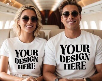 Branco | Maquete Gildan 64000 | Maquete de casais | Camiseta maquete | Estilo de vida luxuoso | Modelo | Vibrações de celebridades | Jato particular | Camisas combinando