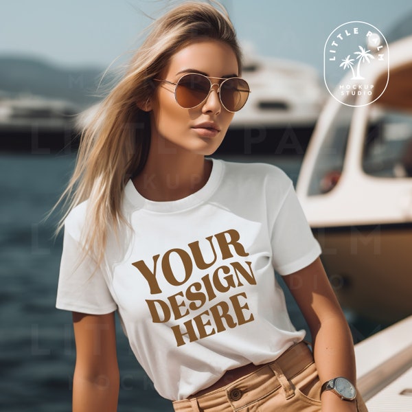 White | Bella Canvas 3001 Mockup | T-Shirt Mockup | Model Mockup | Yacht Setting |  Luxury Lifestyle | Yacht | Summer Vibes | Celebrity Vibe