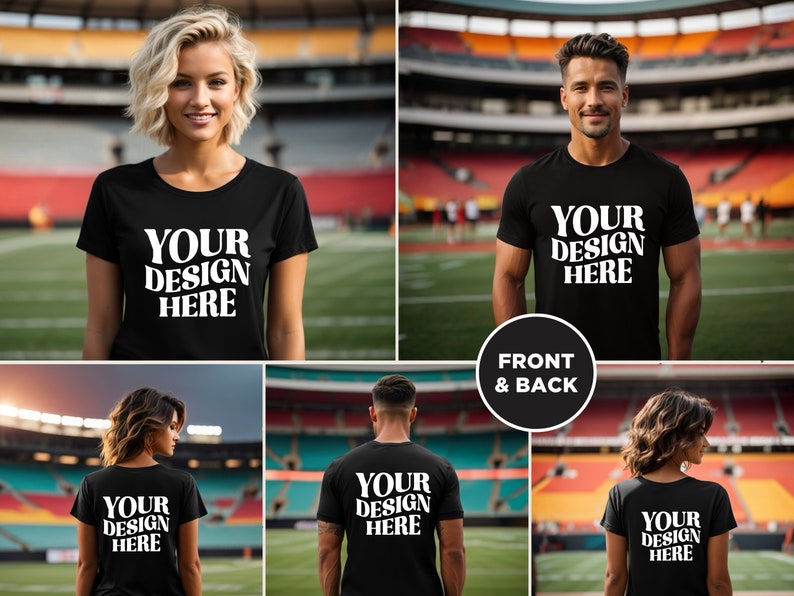 May include: A black t-shirt with the text "YOUR DESIGN HERE" printed in white on the front and back. The t-shirt is being modeled by two people in a stadium setting.