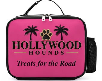 Bolsa térmica rosa para el almuerzo con premios para perros, bolsa de viaje isotérmica Hollywood Hounds, bolsa de picnic “Treats for the Road”