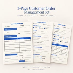 Puede incluir: Un conjunto de gestión de pedidos de clientes de 3 páginas que incluye un formulario de pedido, una hoja de cumplimiento de pedidos y un registro de pagos. Cada página tiene encabezados y texto en azul sobre un fondo de color crema.
