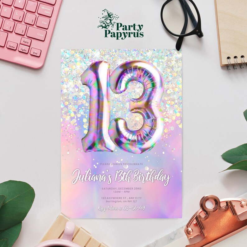 Editable 13th Birthday Invitation Template Rainbow Glitter Birthday ...
