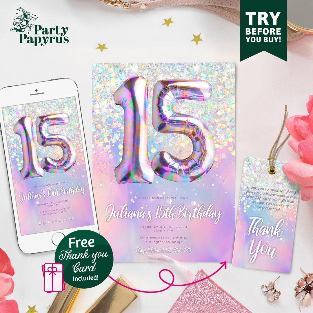 Editable 15th Birthday Invitation Template Rainbow Glitter Birthday ...