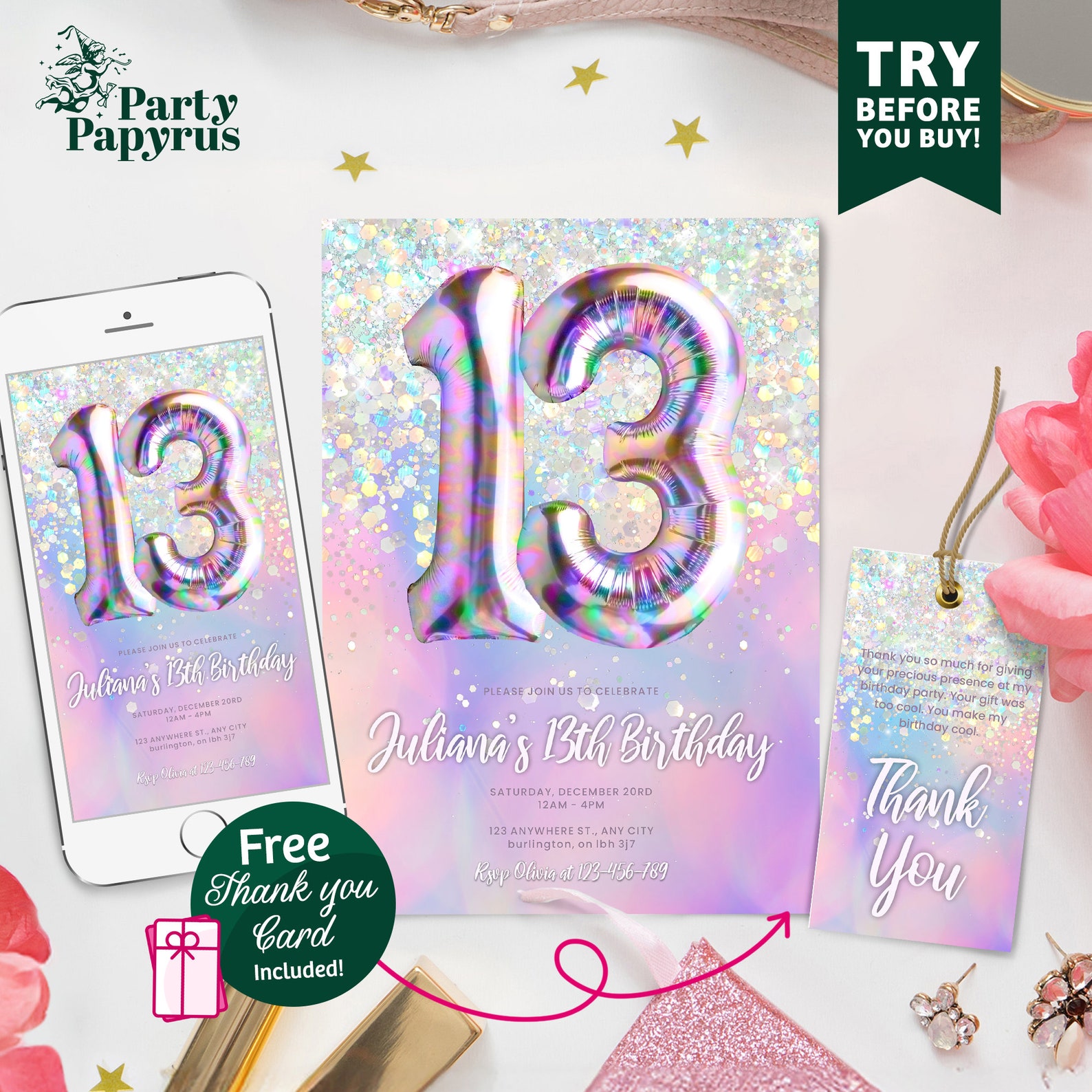 Editable 13th Birthday Invitation Template Rainbow Glitter Birthday ...