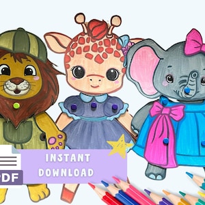 Cute Baby Animals Coloring Movable Paper Doll - Fun DIY Craft for Kids and Adults - Instant Download - Printable PDF