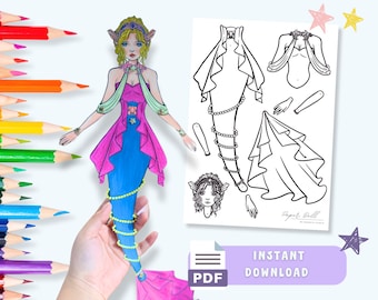 DIY Movable Paper Doll Mermaid - Printable Activity for Kids - Adult Coloring - Learning Worksheets - Paper Toy