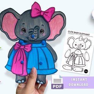 Cute Baby Elephant Coloring Movable Paper Doll - Fun DIY Craft for Kids and Adults - Instant Download - Printable PDF