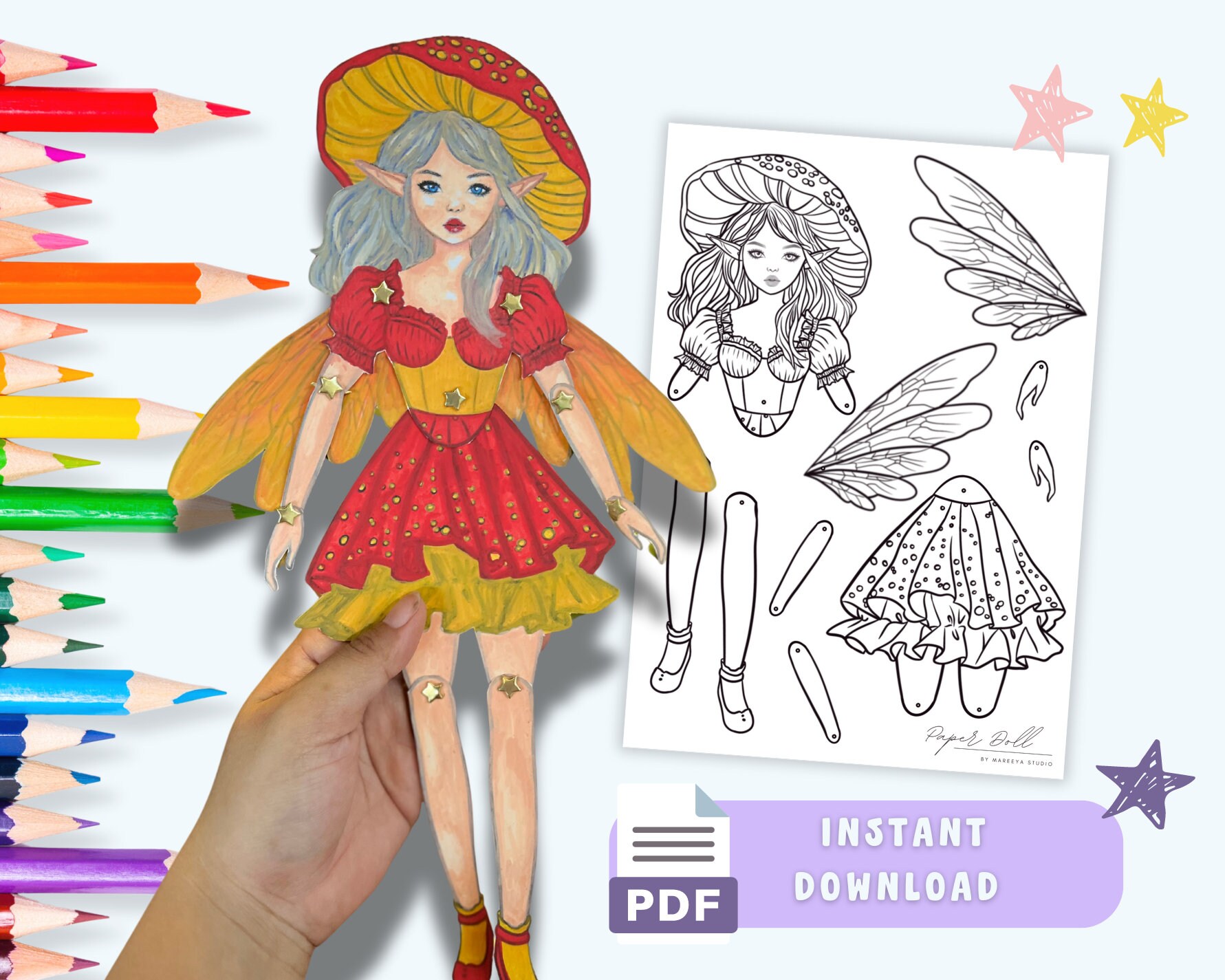 Handmade Paper Fairy Doll Coloring Pages - Fun Kids Craft Activity with Movable Doll and Fairy Tale Theme
