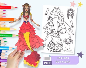 DIY Movable Paper Doll Mermaid - Printable Activity for Kids - Adult Coloring - Learning Worksheets - Paper Toy