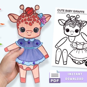 Cute Baby Giraffe Coloring Movable Paper Doll - Fun DIY Craft for Kids and Adults - Instant Download - Printable PDF