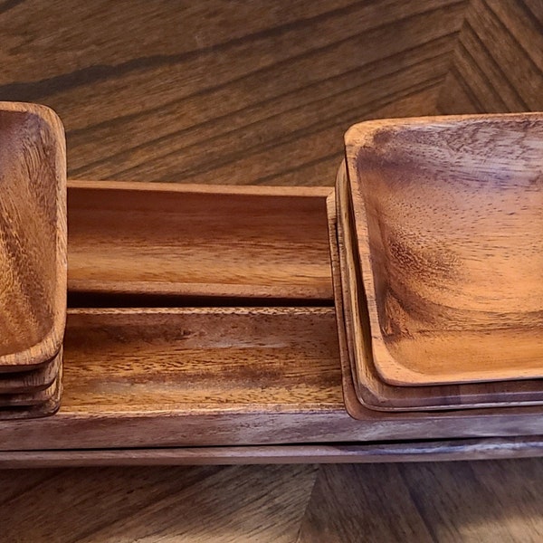 Hand carved Acacia-Monkey Pod Wood Olive Tray and Square Dippers