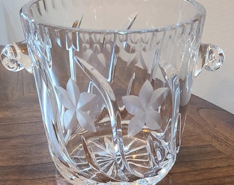 Ice Bucket Floral Etched Glass Pail Curly Handle
