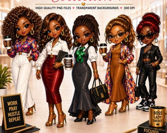 Chibi Black Working Woman Clipart, Melanin Boss Lady PNG, Afro Woman Art (Digital Download)