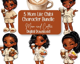 Mom Life Chibi Characters Bundle | Coffee Mama PNG Graphics (Digital Download)
