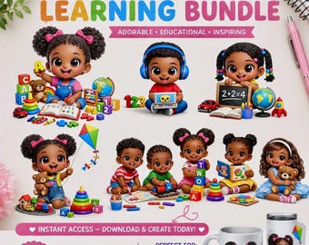 Kids Learning Clipart Bundle | Black Toddler Educational PNG (Digital Download)