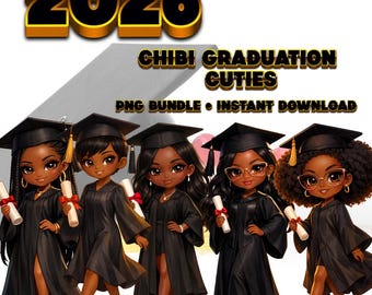 Chibi Graduation PNG Bundle 2026, Black Girl Graduate Clipart, Kawaii Grad Characters (Digital Download)